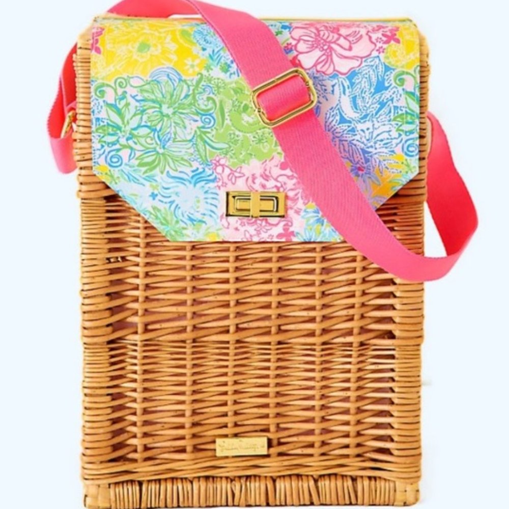 Lilly Pulitzer wicker wine tote picnic basket NEW